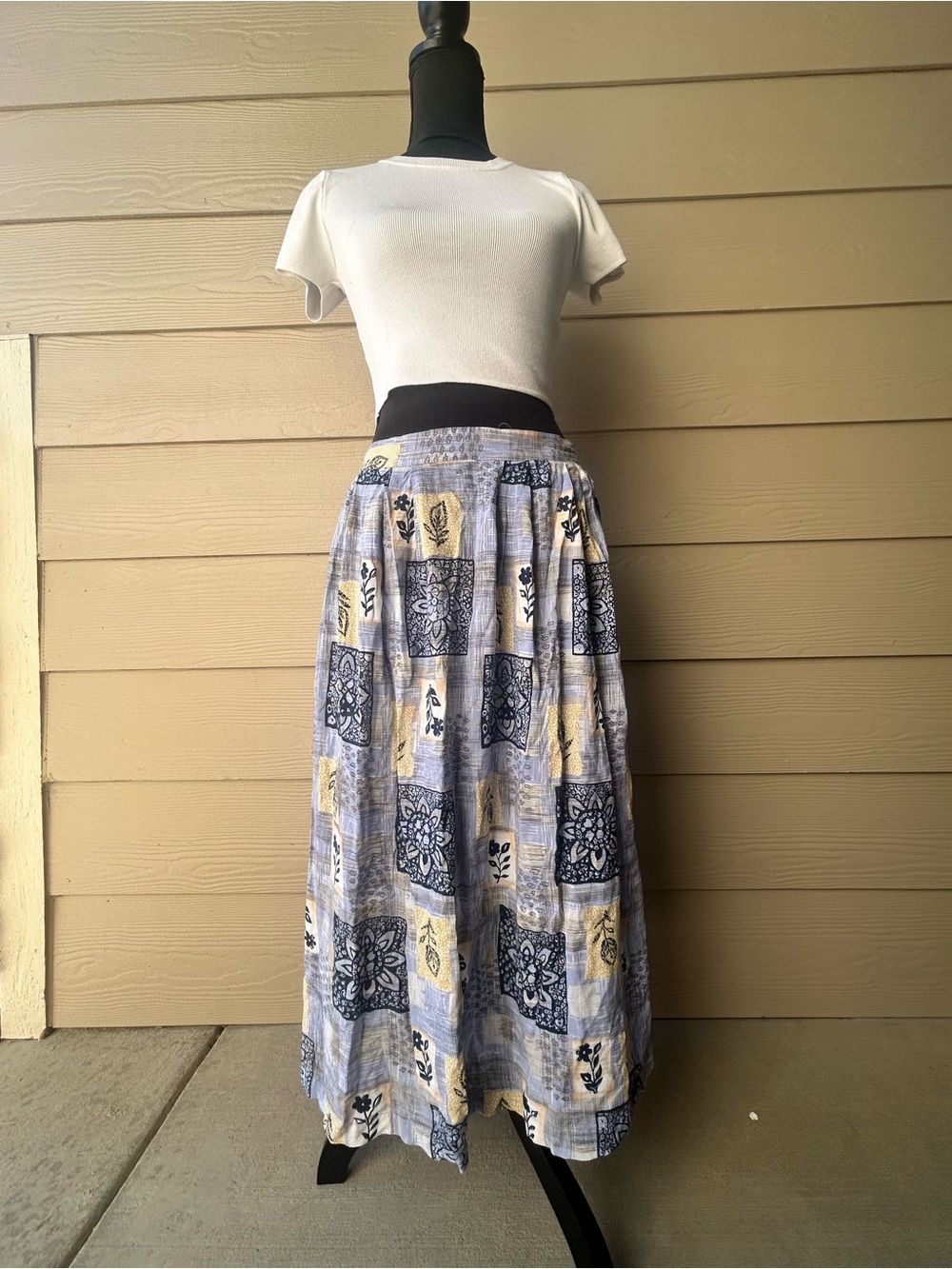 Boho Patchwork Print Maxi Midi Skirt - Blue